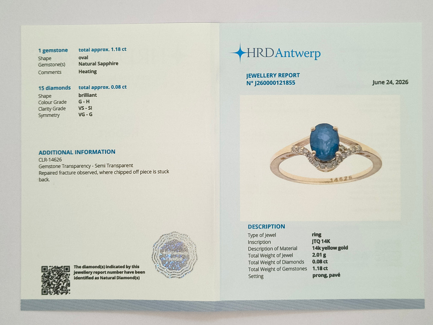 1.26 Ct Oval Natural Sapphire 14K Gold Ring