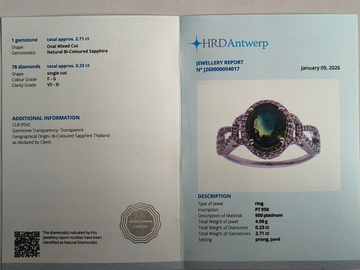 2.94 Ct Oval Mixed Cut Natural Bi-Coloured Sapphire 950 Platinum Ring