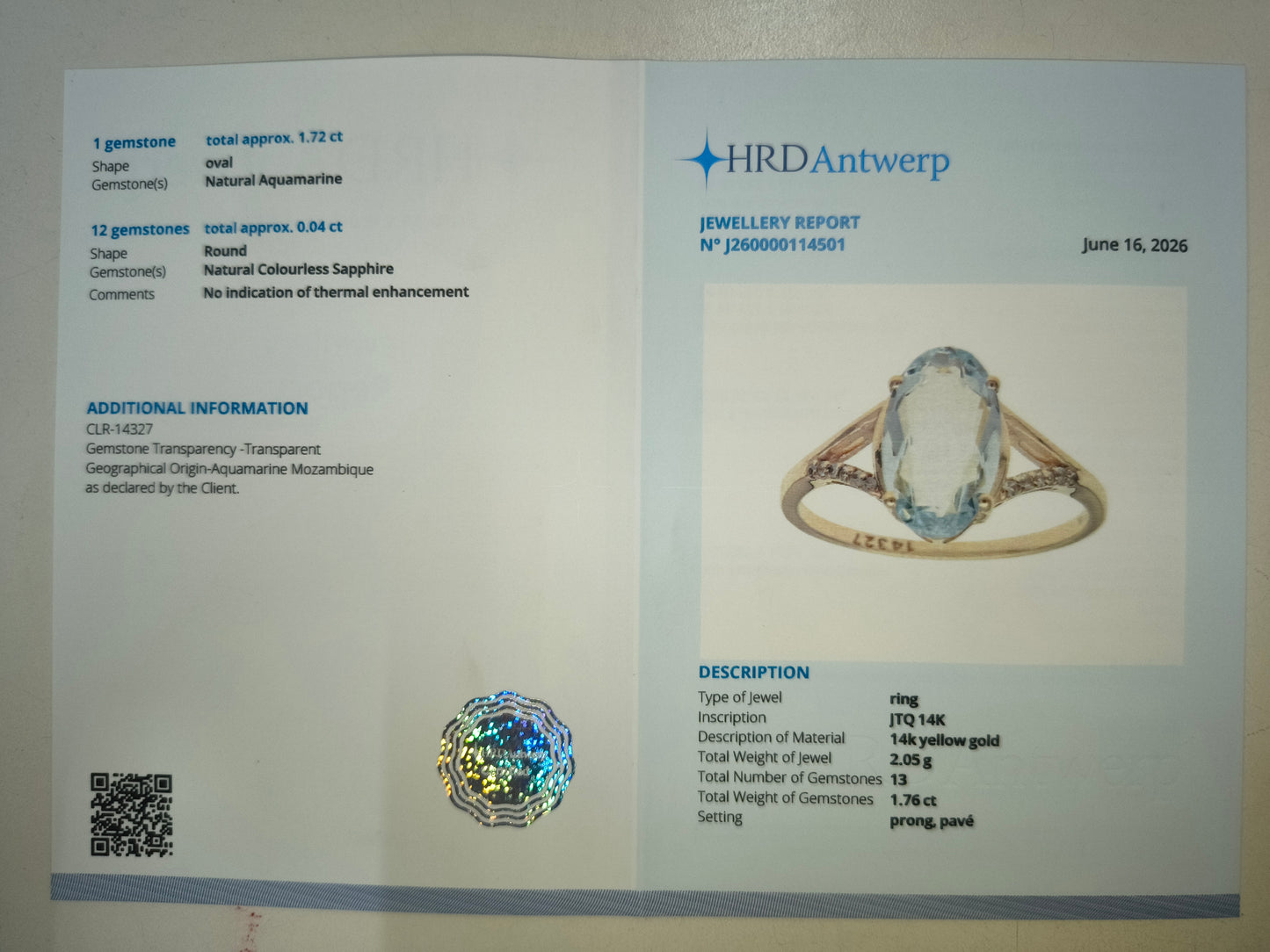 1.76 Ct Oval Natural Aquamarine 14K Gold Ring