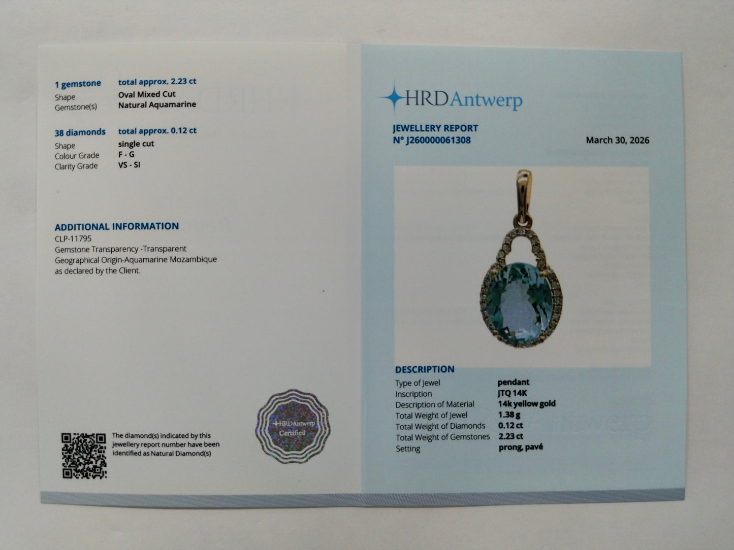 2.35 Ct Oval Mixed Cut Natural Aquamarine 14K Gold Pendant