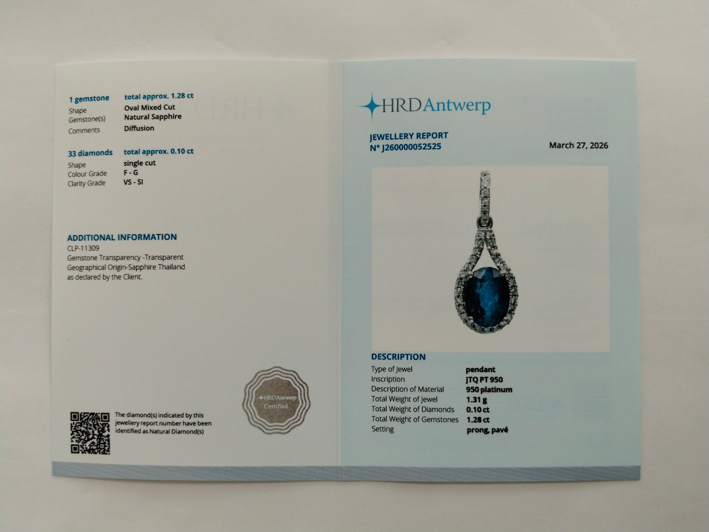1.38 Ct Oval Mixed Cut Natural Sapphire 950 Platinum Pendant
