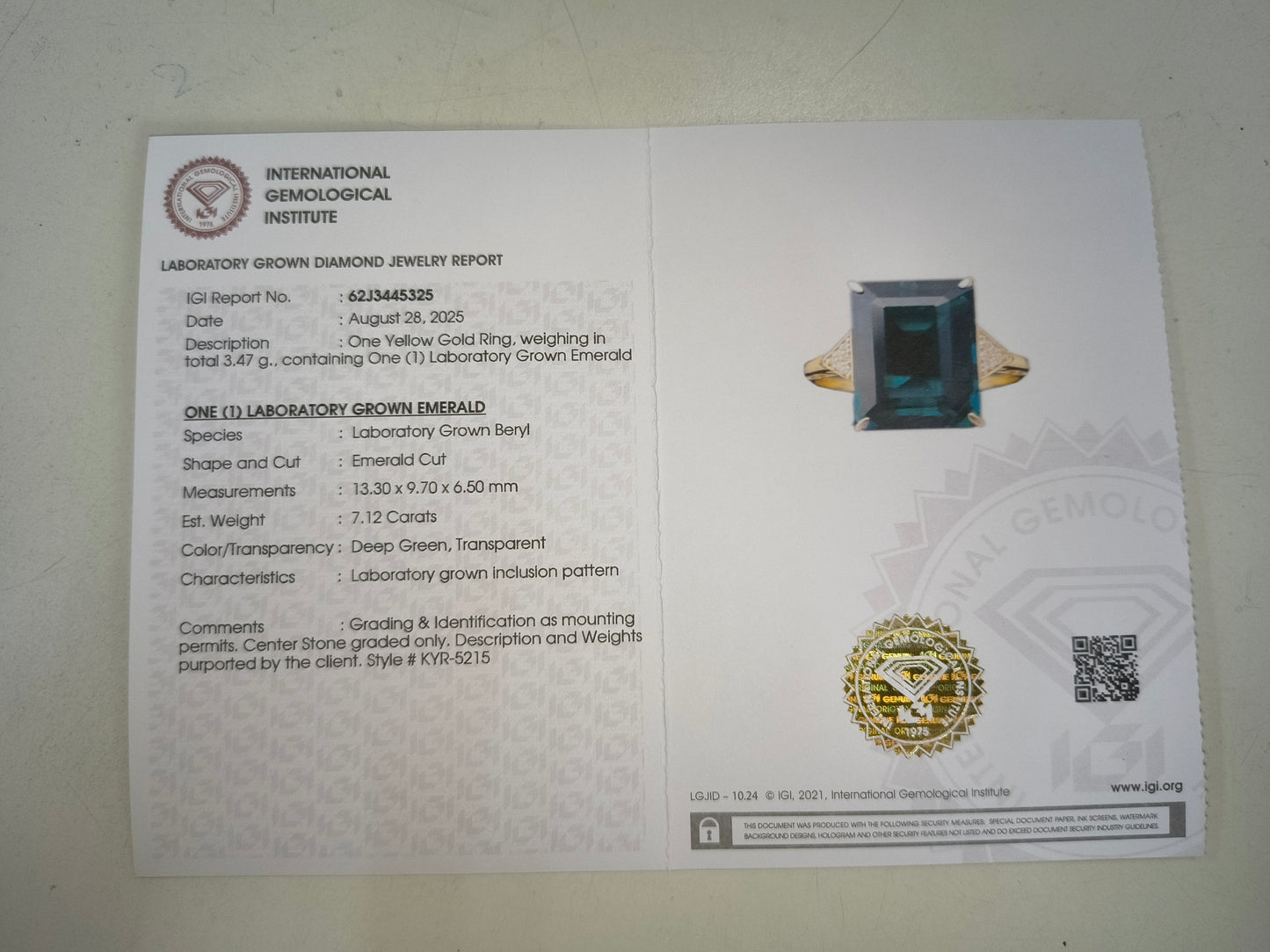 7.15 Ct Emerald Cut Lab Grown Emerald 14K Gold Ring