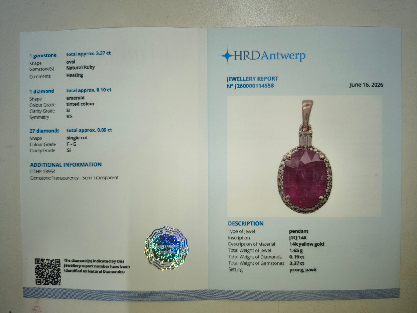 3.56 Ct Oval Natural Ruby 14K Gold Pendant