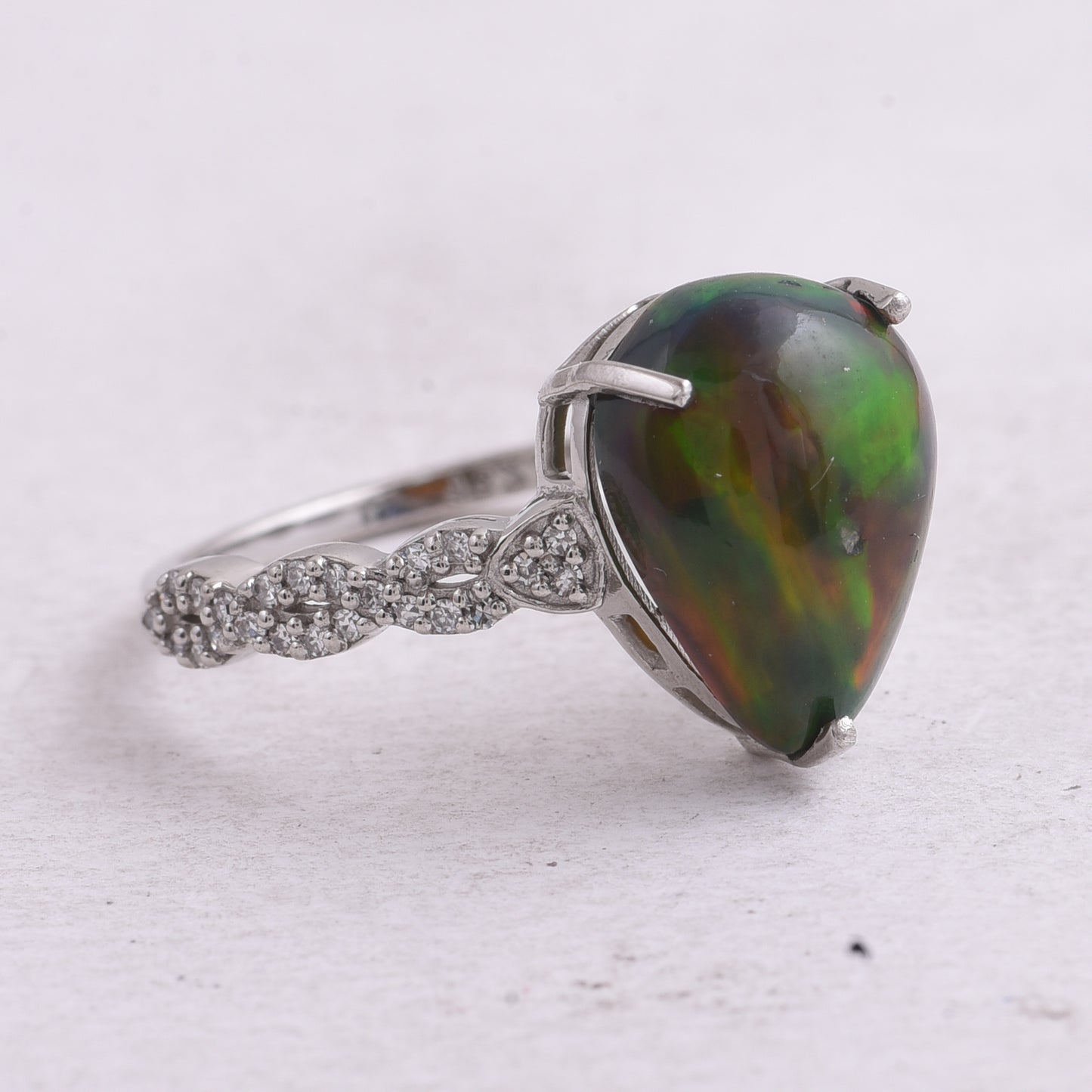 3.19 Ct Pear Cabochon Natural Black Opal 950 Platinum Ring