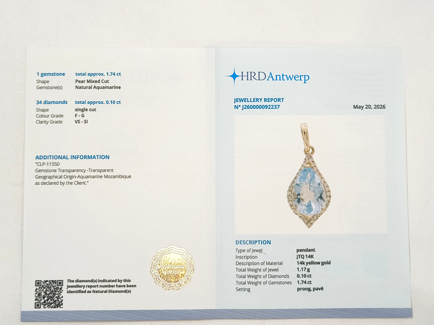 1.84 Ct Pear Aquamarine 14K Gold Pendant