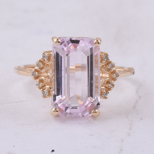 6.73 Ct Octagon Step Cut Natural Kunzite 14K Gold Ring