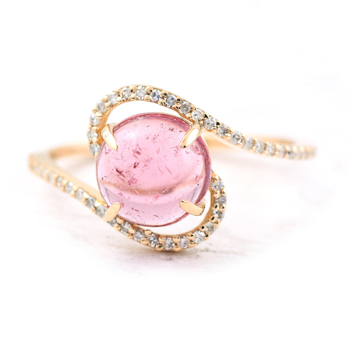 2.02 Ct Round Cabochon Cut Natural Pink Tourmaline 14K Gold Ring