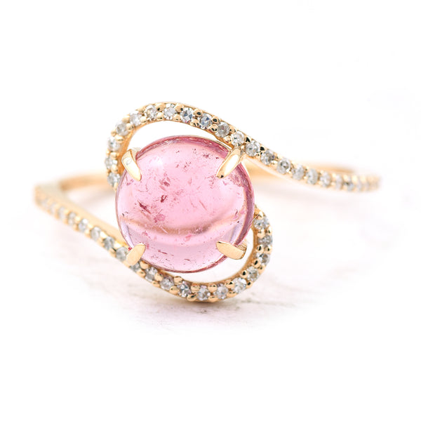 2.02 Ct Round Cabochon Cut Natural Pink Tourmaline 14K Gold Ring