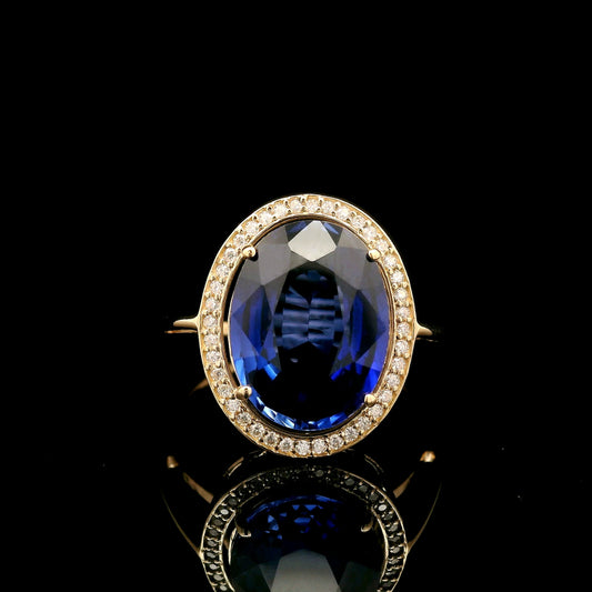 6.58 Ct Oval Mixed Cut Lab Grown Sapphire 14K Gold Ring