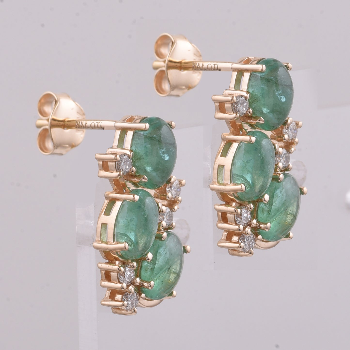 3.07 Ct Oval Cabochon Cut Natural Emerald 14K Gold Earrings