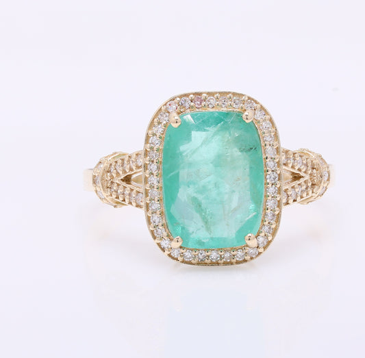 3.23 Ct Cushion Mixed Cut Natural Emerald 14K Gold Ring