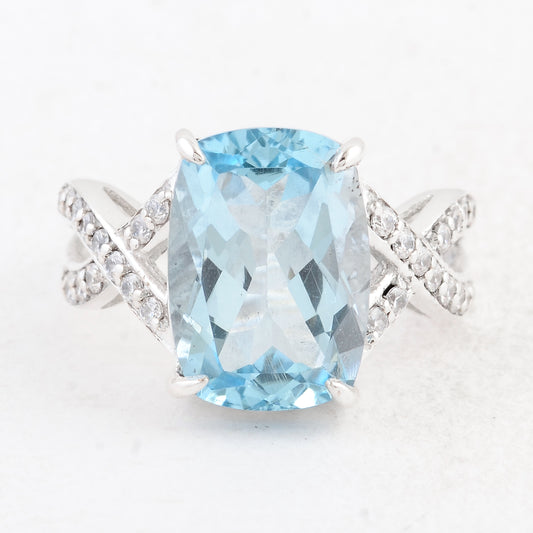 8.63 Ct Cushion Blue Topaz 925 Sterling Silver Ring