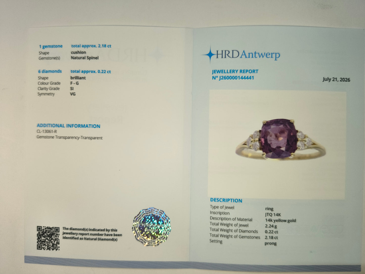2.40 Ct Cushion Natural Spinel 14K Gold Ring