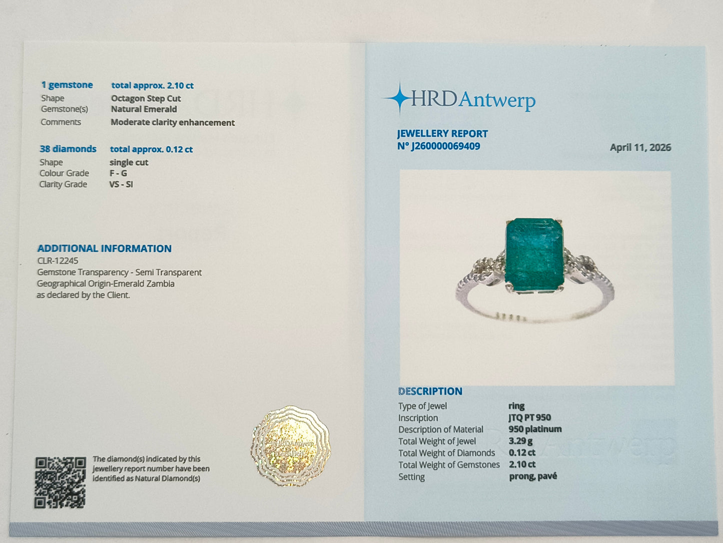 2.22 Ct Octagon Step Cut Natural Emerald 950 Platinum Ring