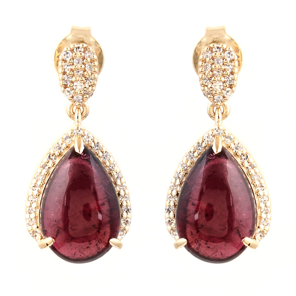 5.69 Ct Pear Cabochon Natural Tourmaline 14K Gold Earrings