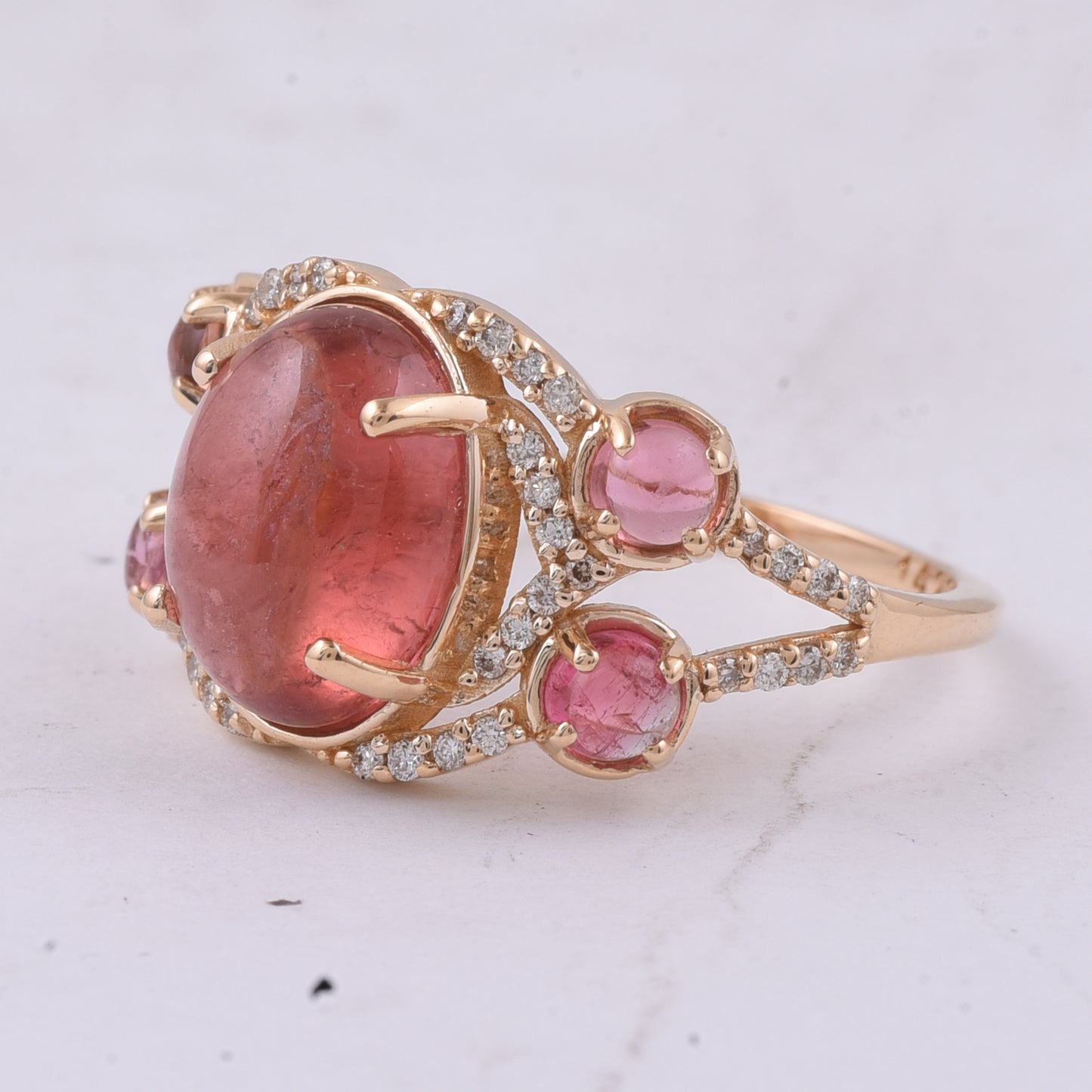 4.22 Ct Oval Cabochon Cut, Round Cabochon Cut Natural Pink Tourmaline 14K Gold Ring