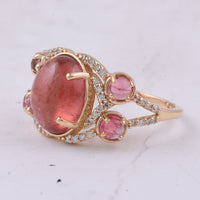 4.22 Ct Oval Cabochon Cut, Round Cabochon Cut Natural Pink Tourmaline 14K Gold Ring