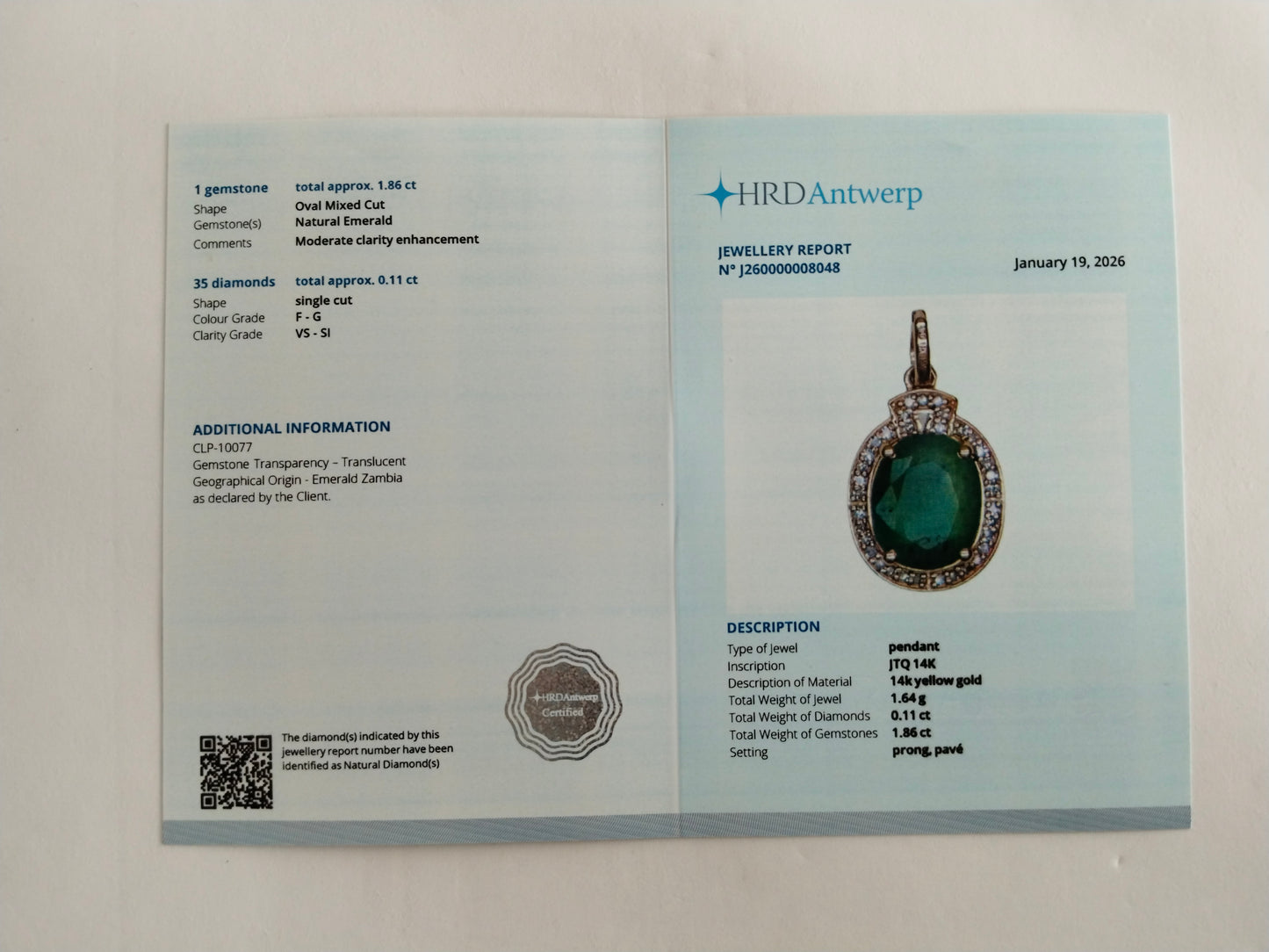 1.97 Ct Oval Mixed Cut Natural Emerald 14K Gold Pendant