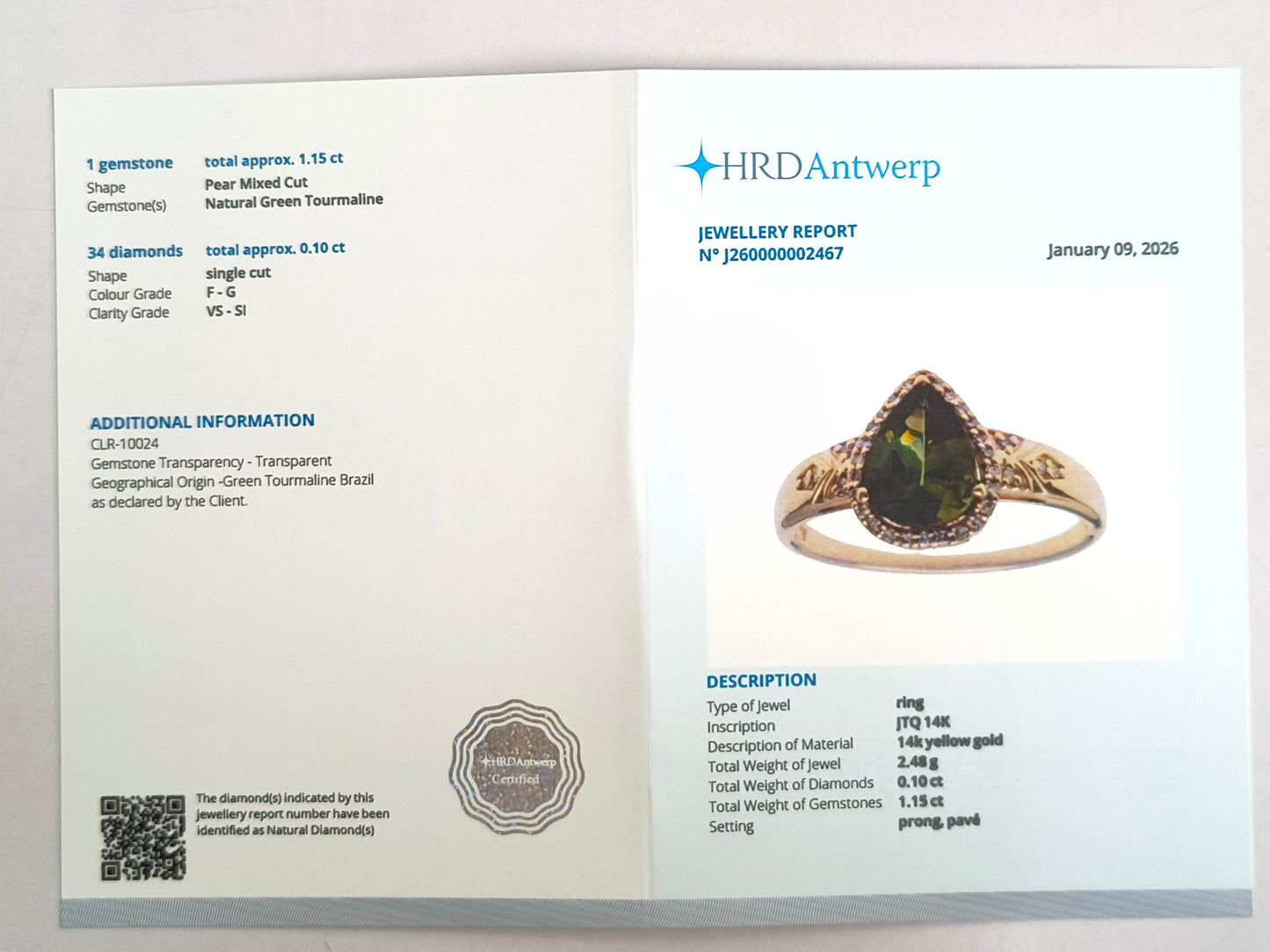 1.25 Ct Pear Mixed Cut Natural Green Tourmaline 14K Gold Ring
