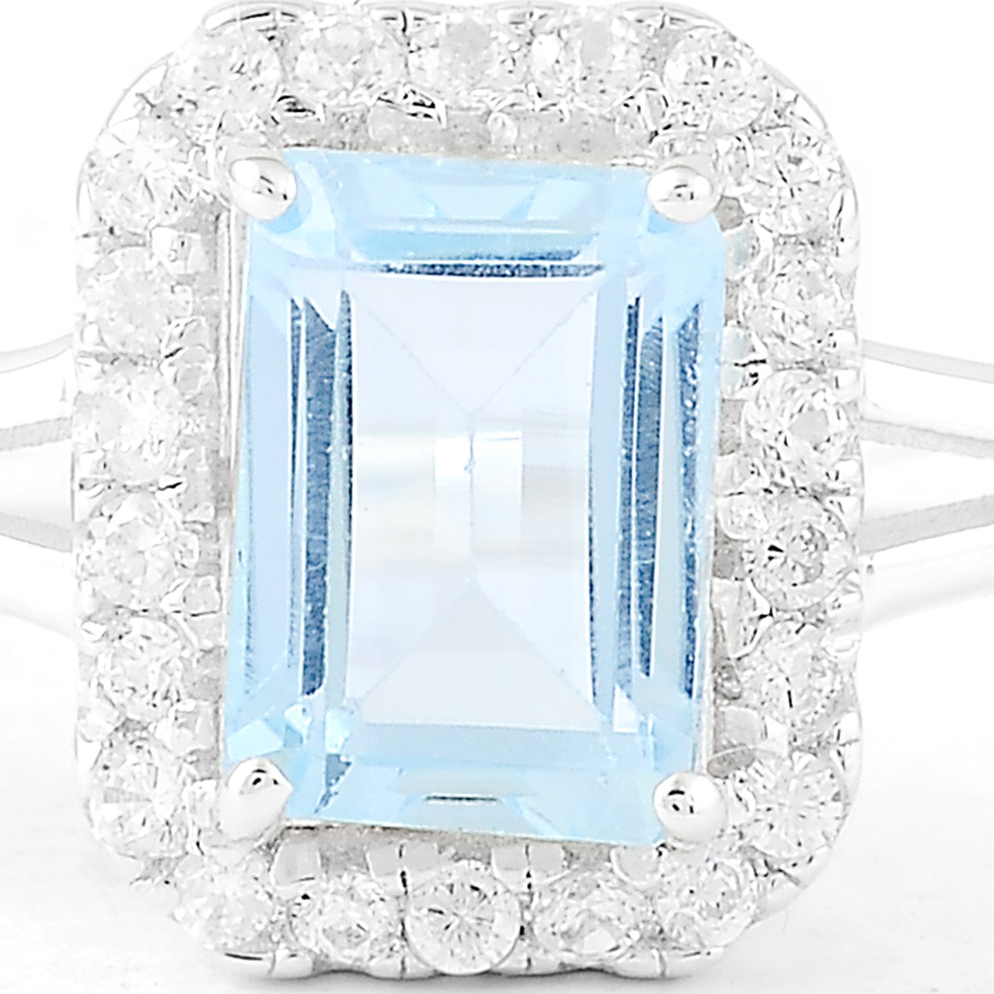 1.52 Ct Octagon Blue Topaz, White Zircon, 925 Sterling Silver Ring