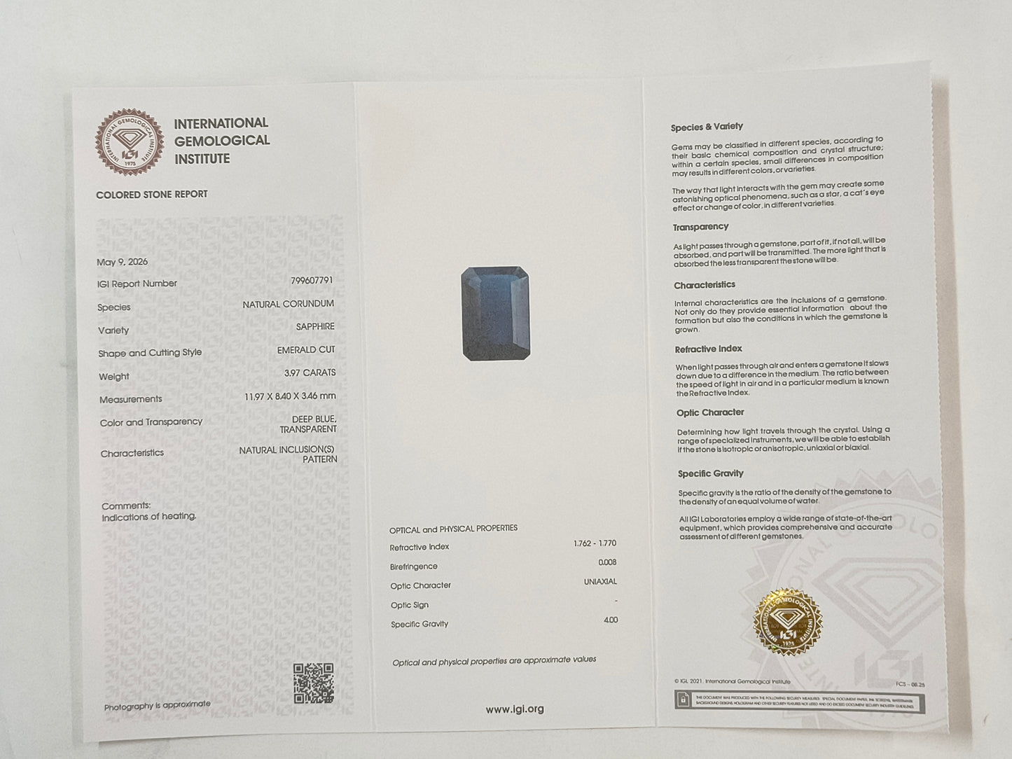 3.97 Natural Corundum Sapphire Emerald Cut Gemstone