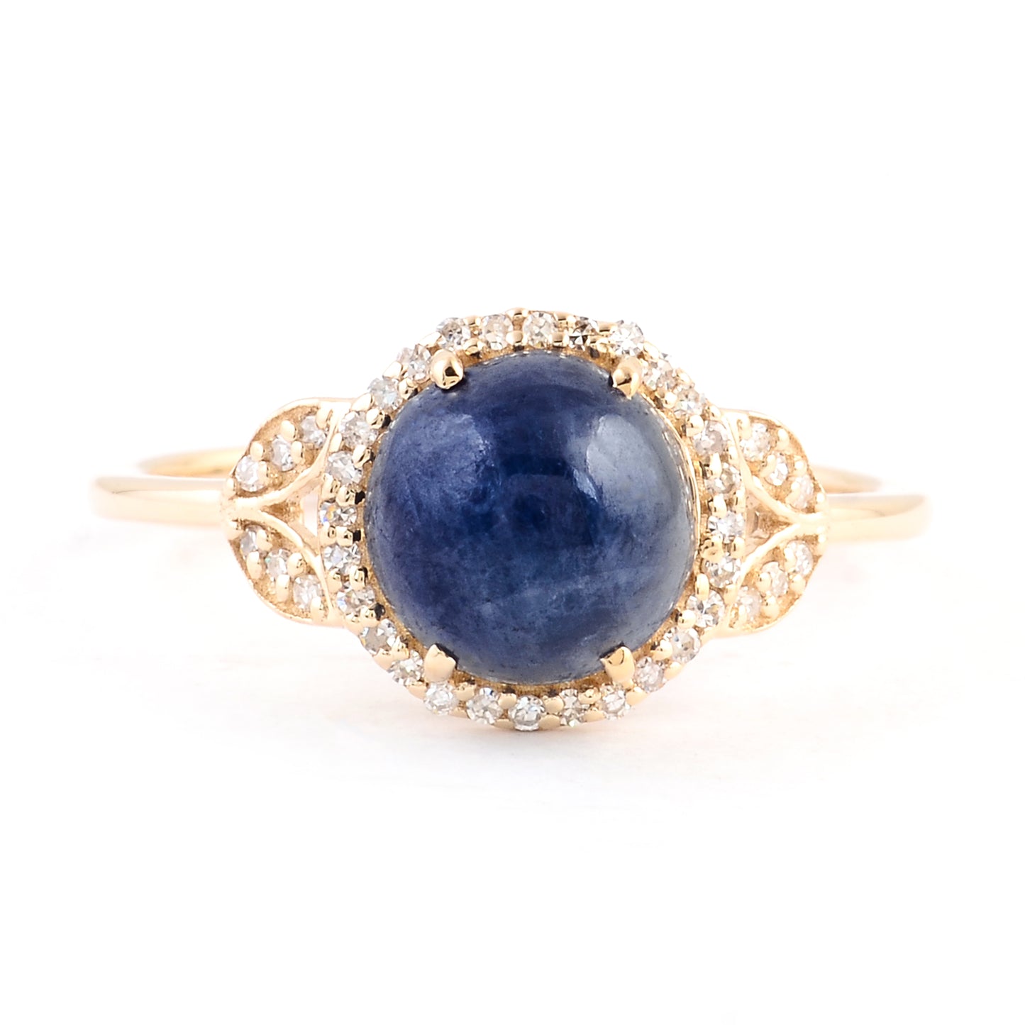 3.16 Ct Round Cabochon Natural Corundum Sapphire 14K Gold Ring