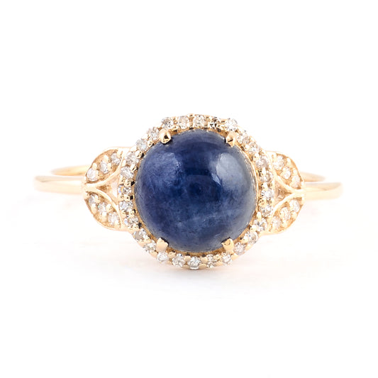 3.16 Ct Round Cabochon Natural Corundum Sapphire 14K Gold Ring