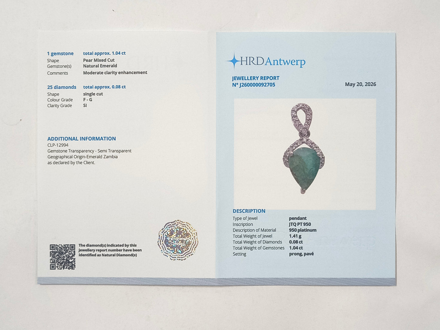 1.12 Ct Pear Emerald 950 Platinum Pendant