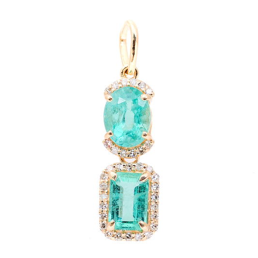 1.46 Ct Octagon Step Cut, Oval Mixed Cut Natural Emerald 14K Gold Pendant