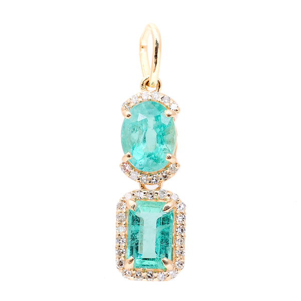 1.46 Ct Octagon Step Cut, Oval Mixed Cut Natural Emerald 14K Gold Pendant