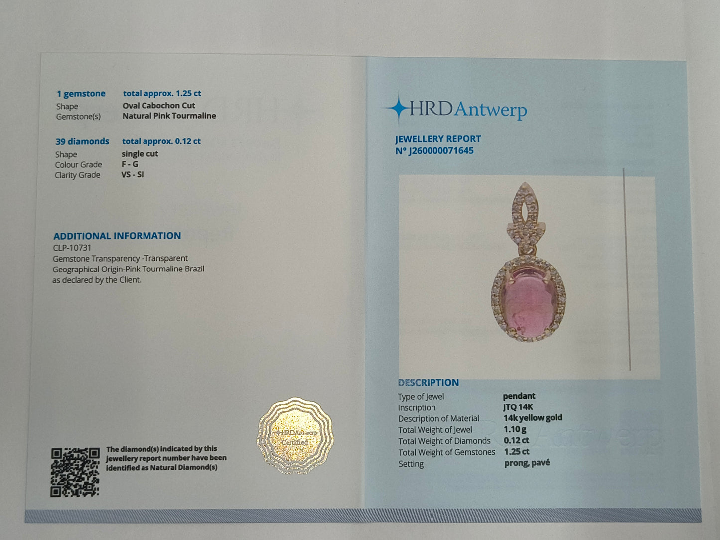 1.37 Ct Oval Cabochon Cut Natural Pink Tourmaline 14K Gold Pendant