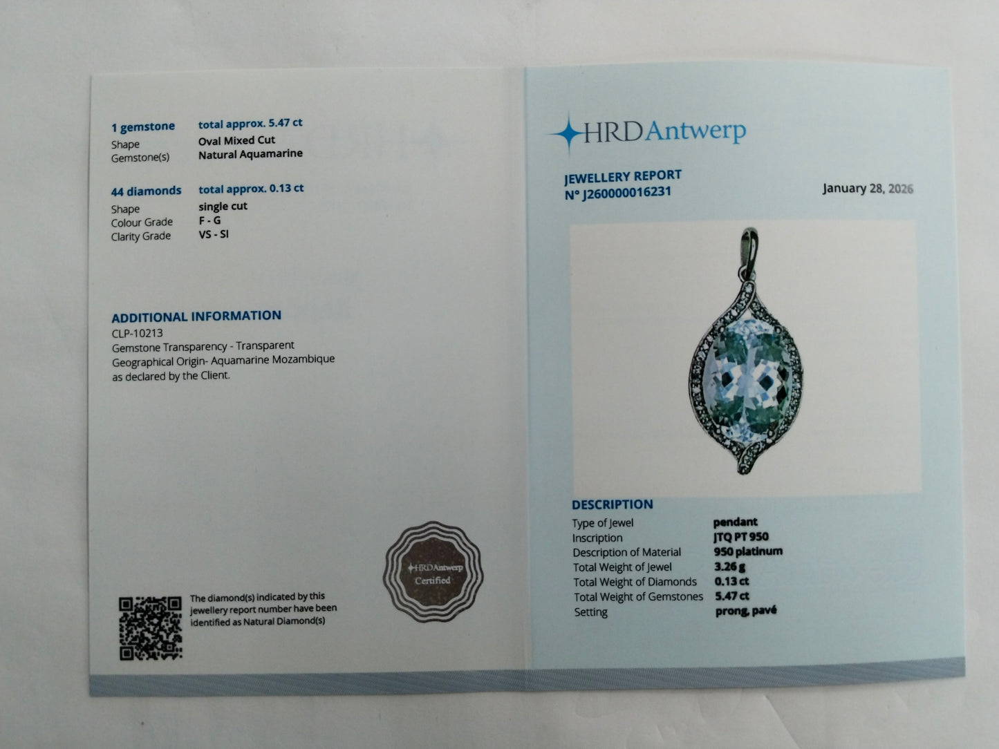 5.60 Ct Oval Mixed Cut Natural Aquamarine 950 Platinum Pendant