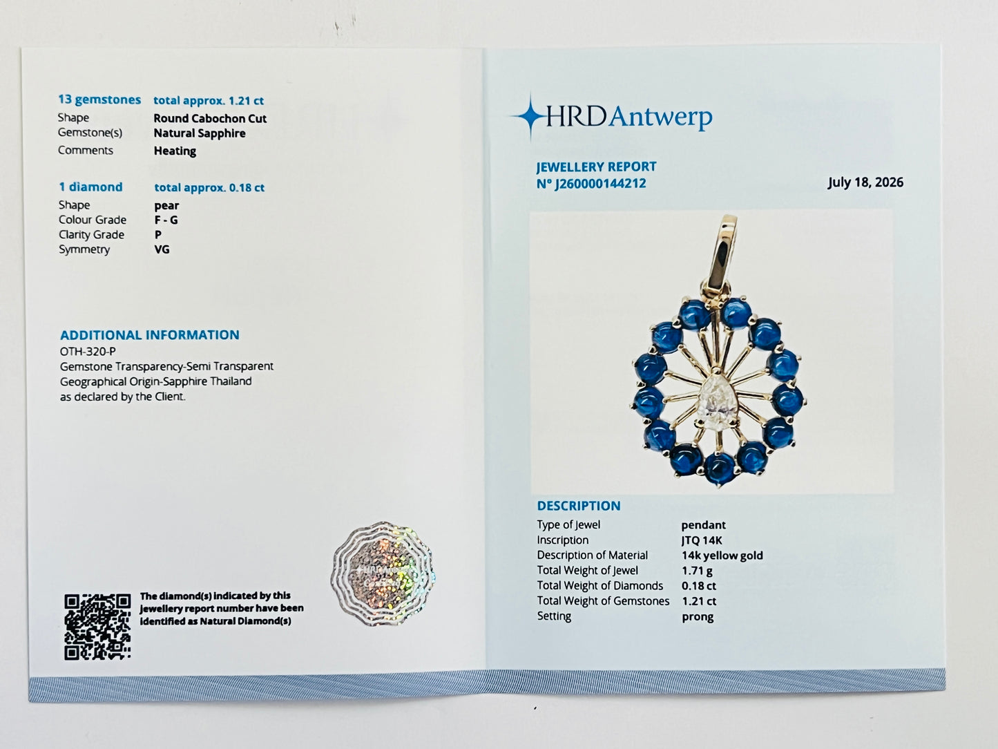 1.39 Ct Round Cabochon Cut Natural Sapphire 14K Gold Pendant