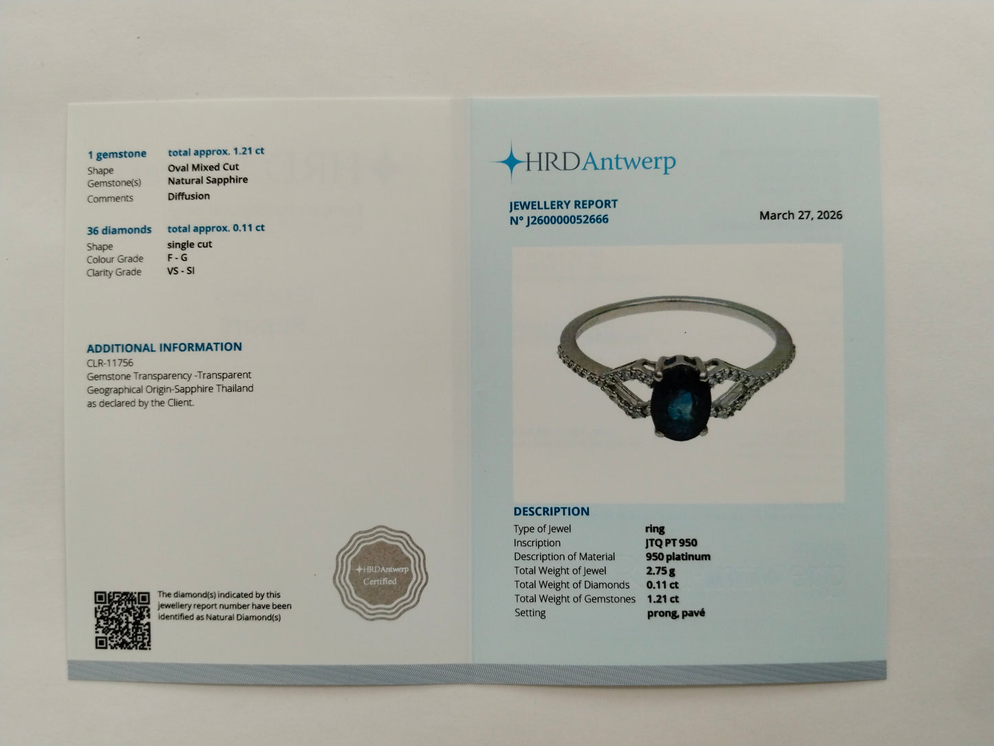 1.32 Ct Oval Mixed Cut Natural Sapphire 950 Platinum Ring