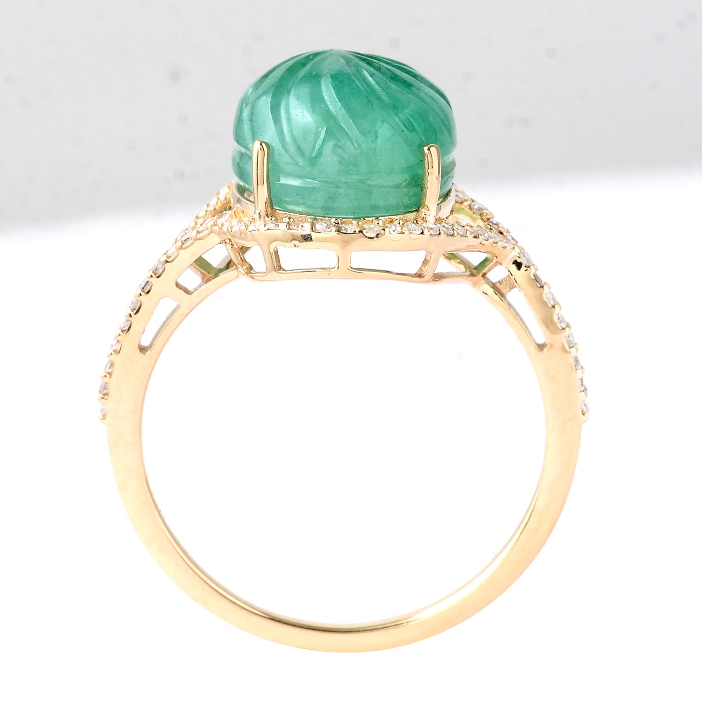 6.53 Ct Oval Carving Natural Beryl Emerald 14K Gold Ring
