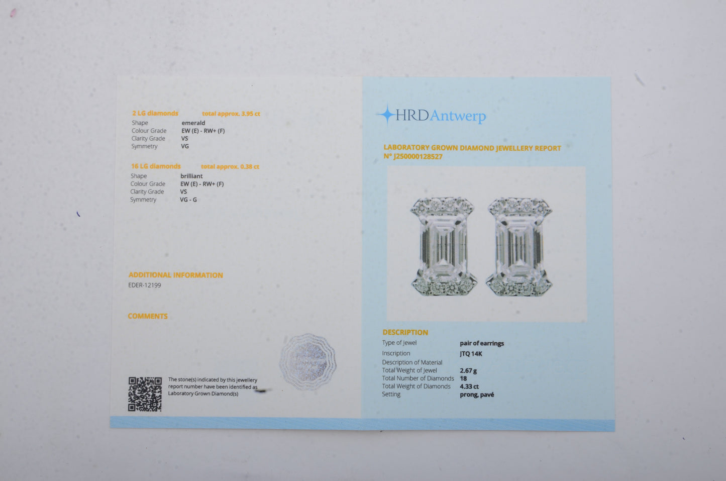 4.33 Carats Lab Grown Diamond 14K Gold Earrings