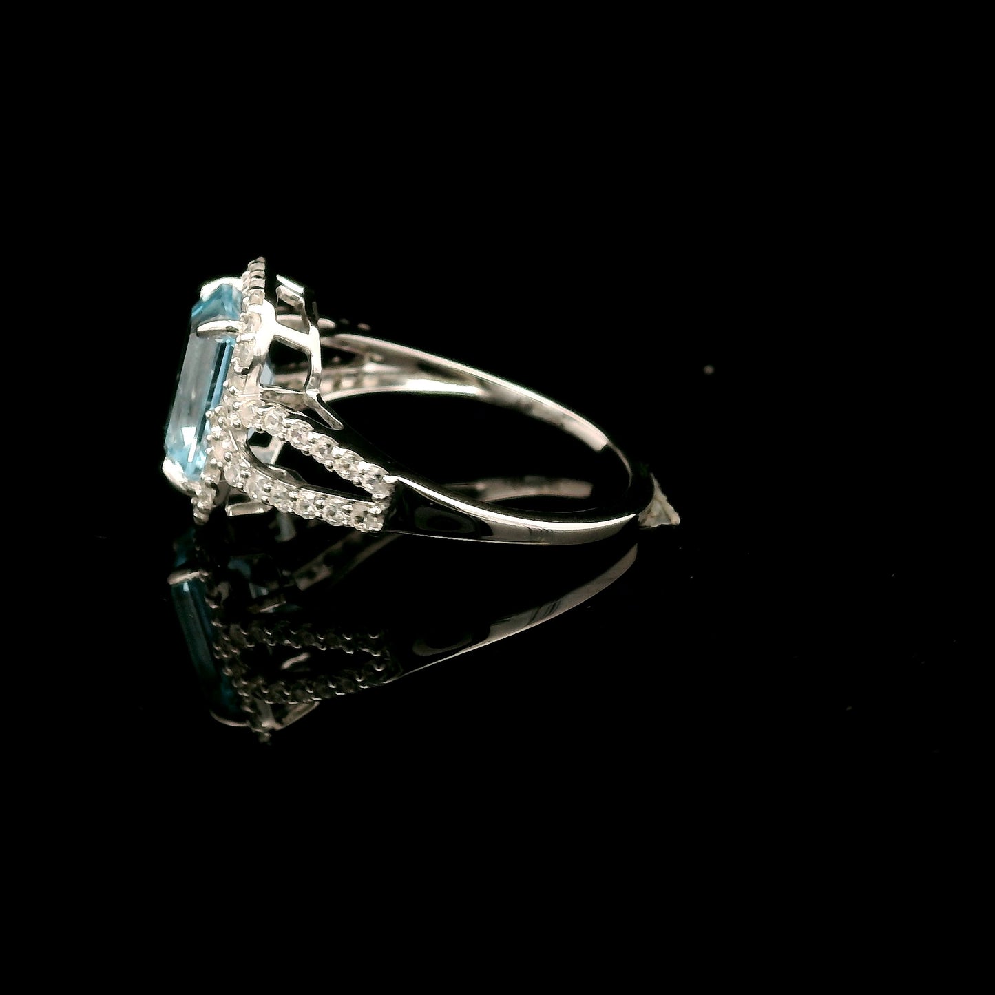 3.47 Ct Octagon Blue Topaz, White Zircon 925 Sterling Silver Ring
