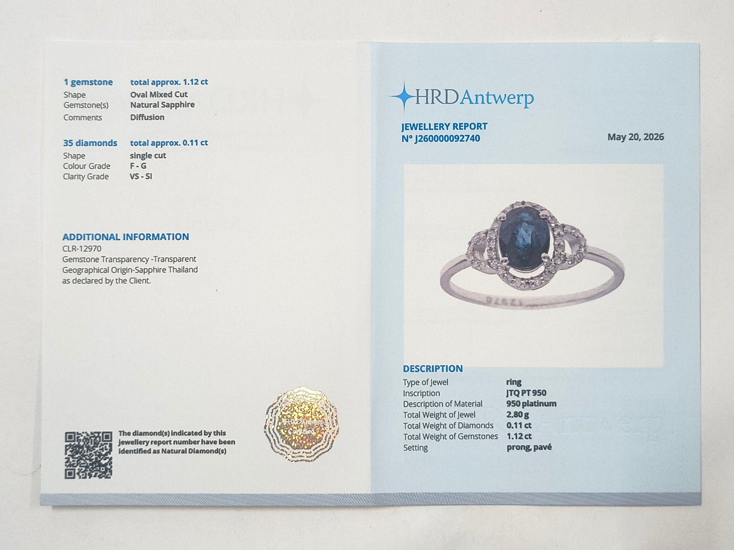 1.23 Ct Oval Sapphire 950 Platinum Ring