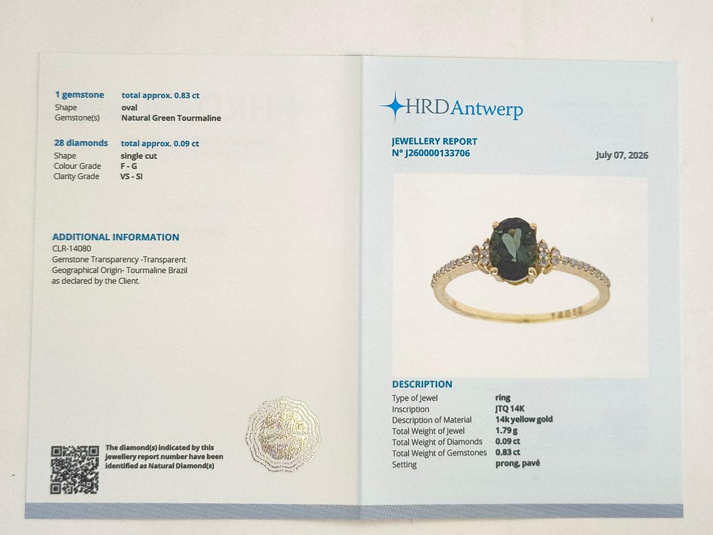 0.92 Ct Oval Natural Green Tourmaline 14K Gold Ring
