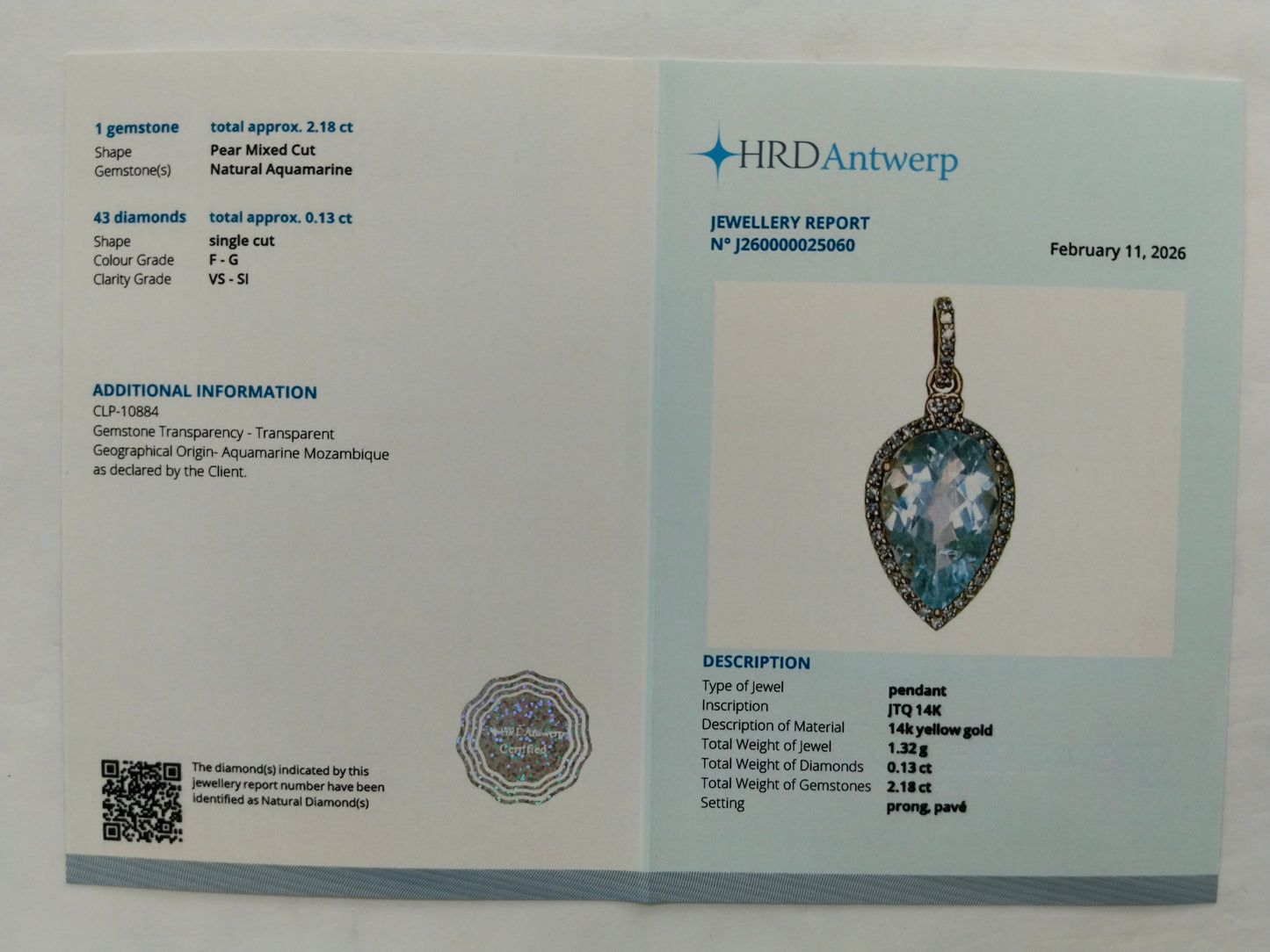 2.31 Ct Pear Mixed Cut Natural Aquamarine 14K Gold Pendant
