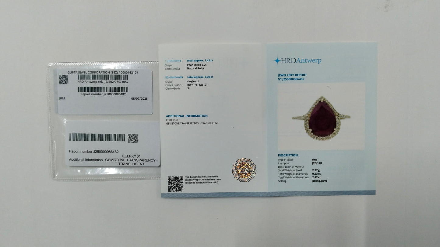 2.65 Ct Pear Cabochon Natural Ruby 14K Gold Ring