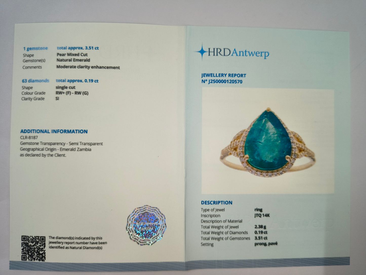 3.70 Ct Pear Natural Emerald 14K Gold Ring