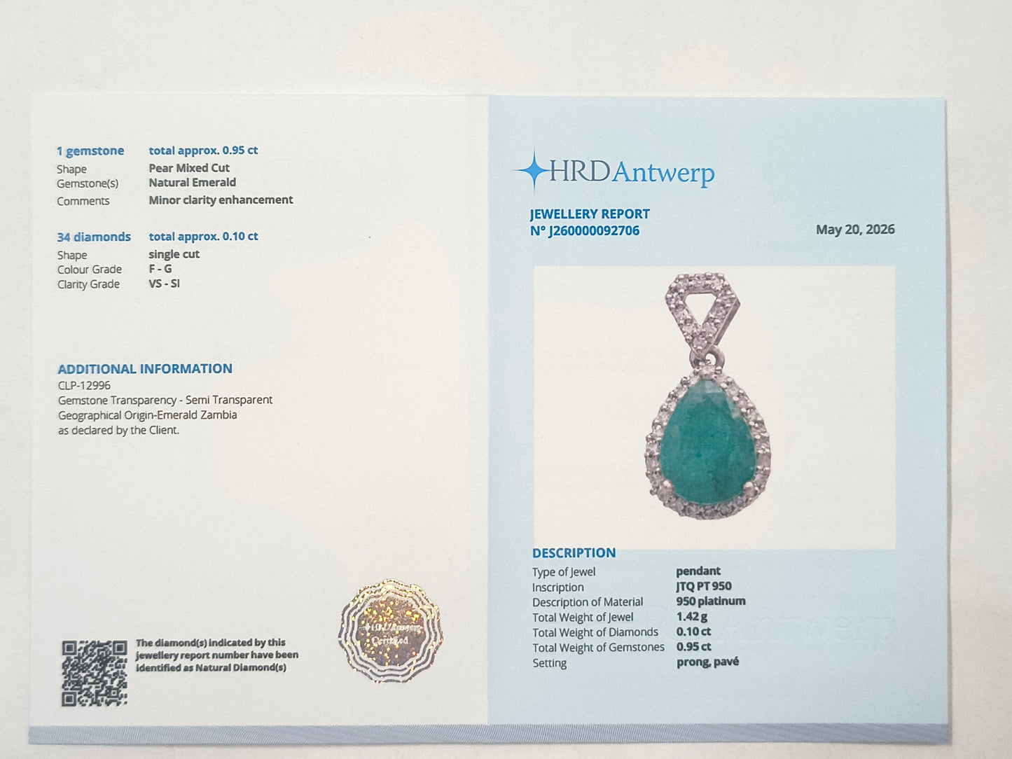 1.05 Ct Pear Emerald 950 Platinum Pendant