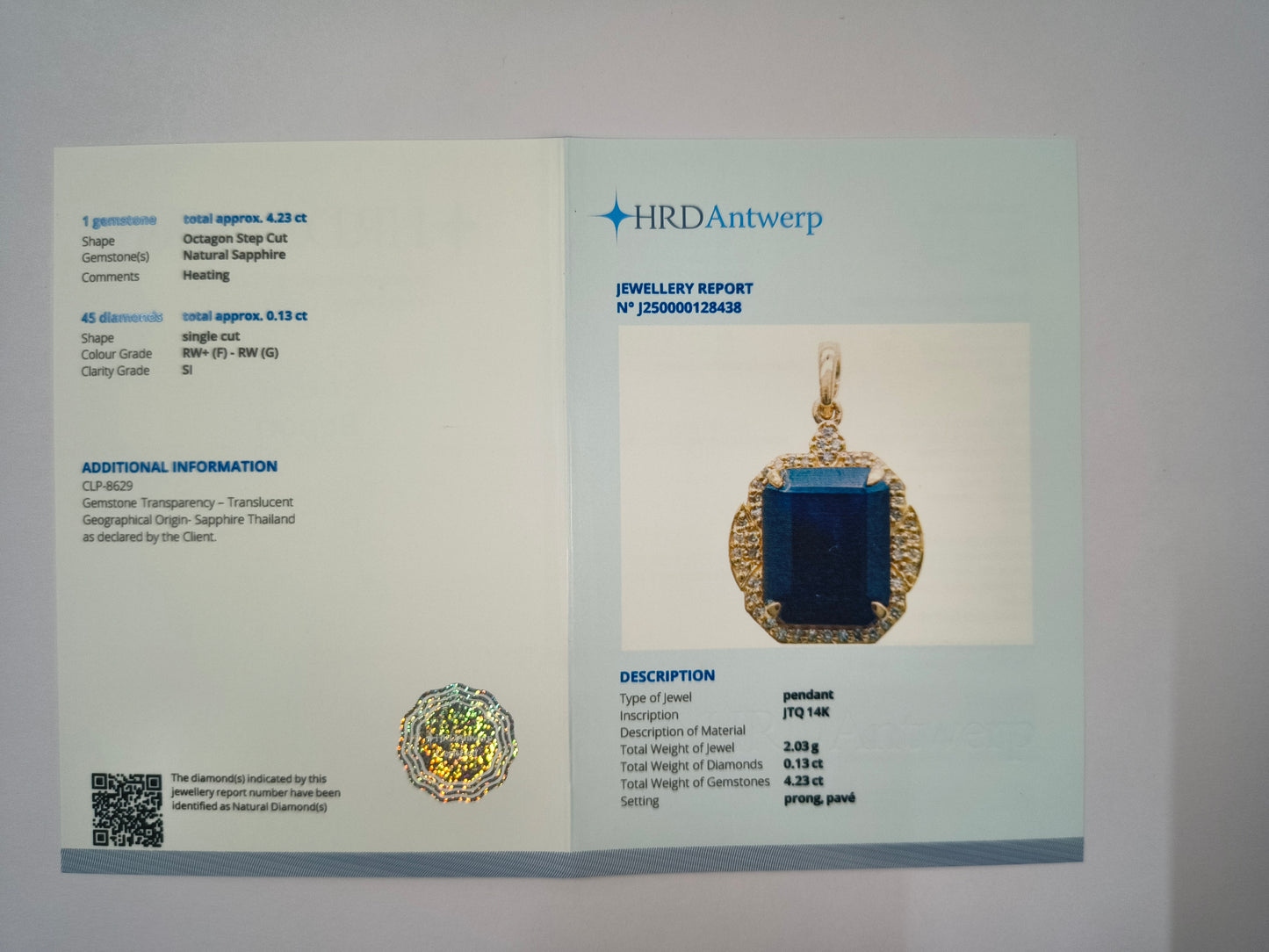 4.36 Ct Octagon Natural Sapphire 14K Gold Pendant