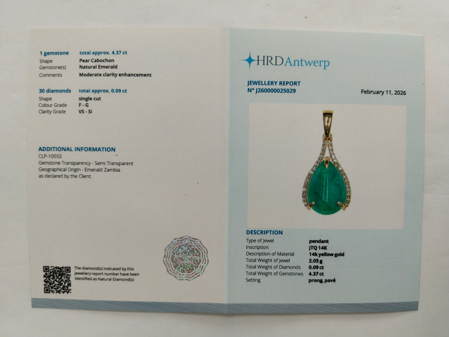 4.46 Ct Pear Cabochon Cut Natural Emerald 14K Gold Pendant