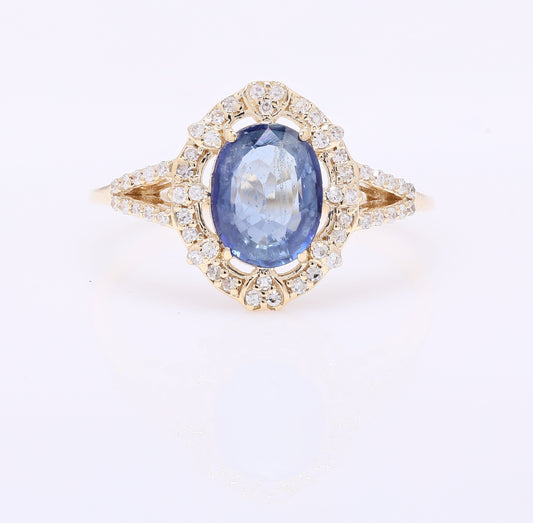 1.58 Ct Oval Mixed Cut Natural Sapphire 14K Gold Ring
