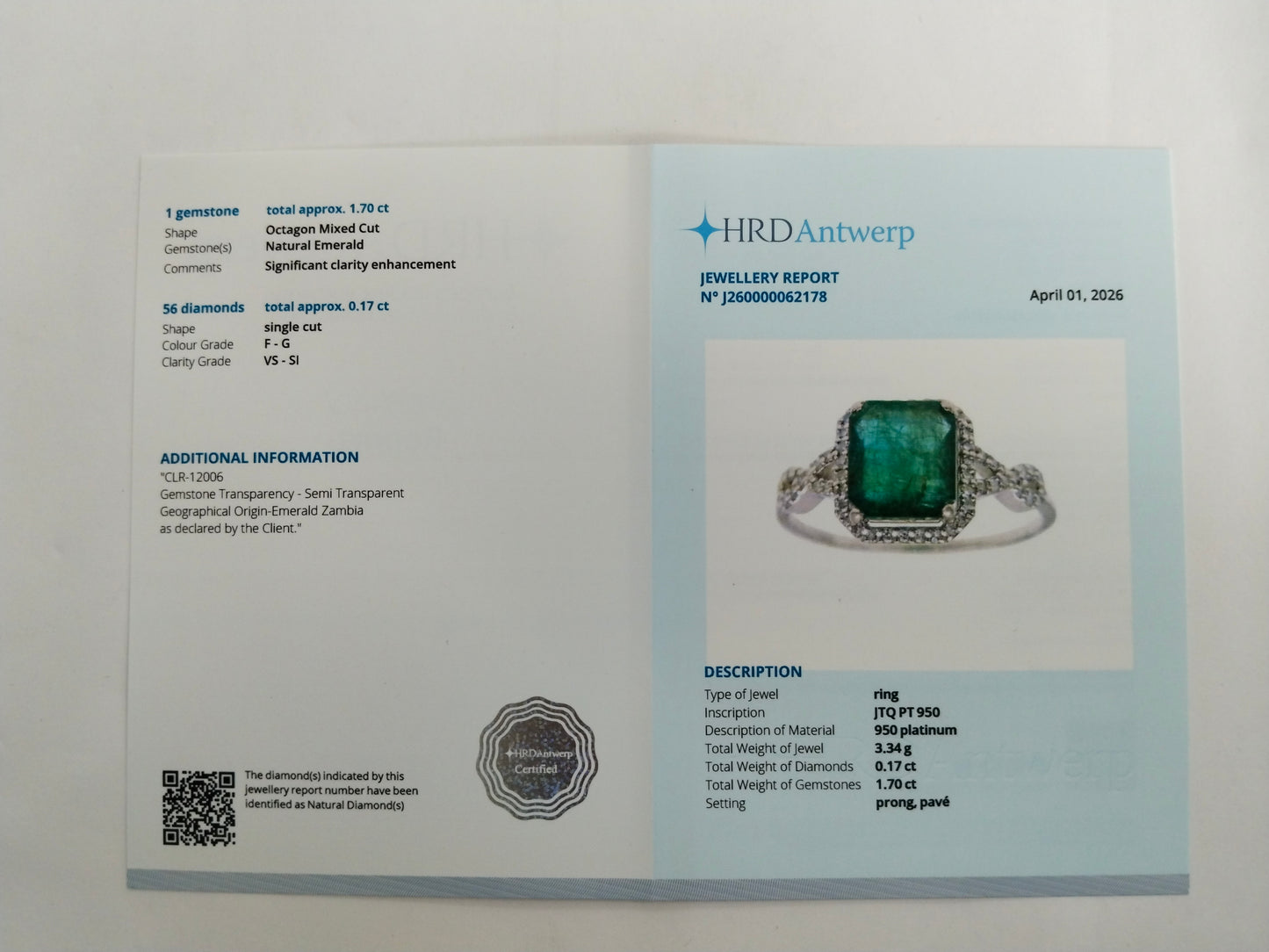 1.87 Ct Octagon Mixed Cut Natural Emerald 950 Platinum Ring