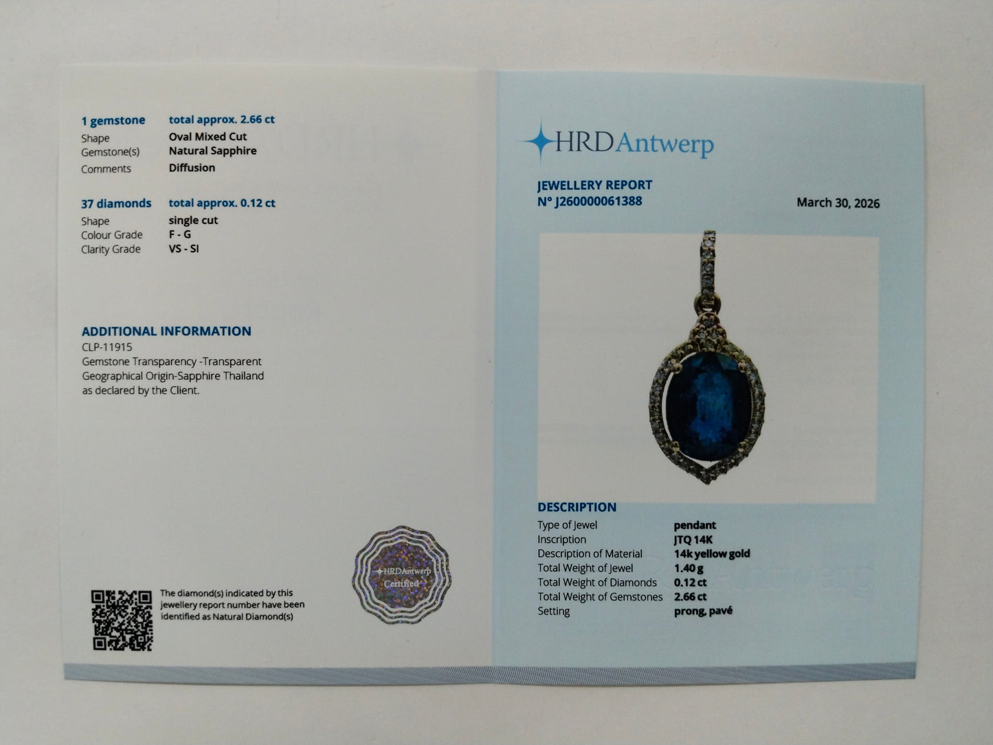 2.78 Ct Oval Mixed Cut Natural Sapphire 14K Gold Pendant