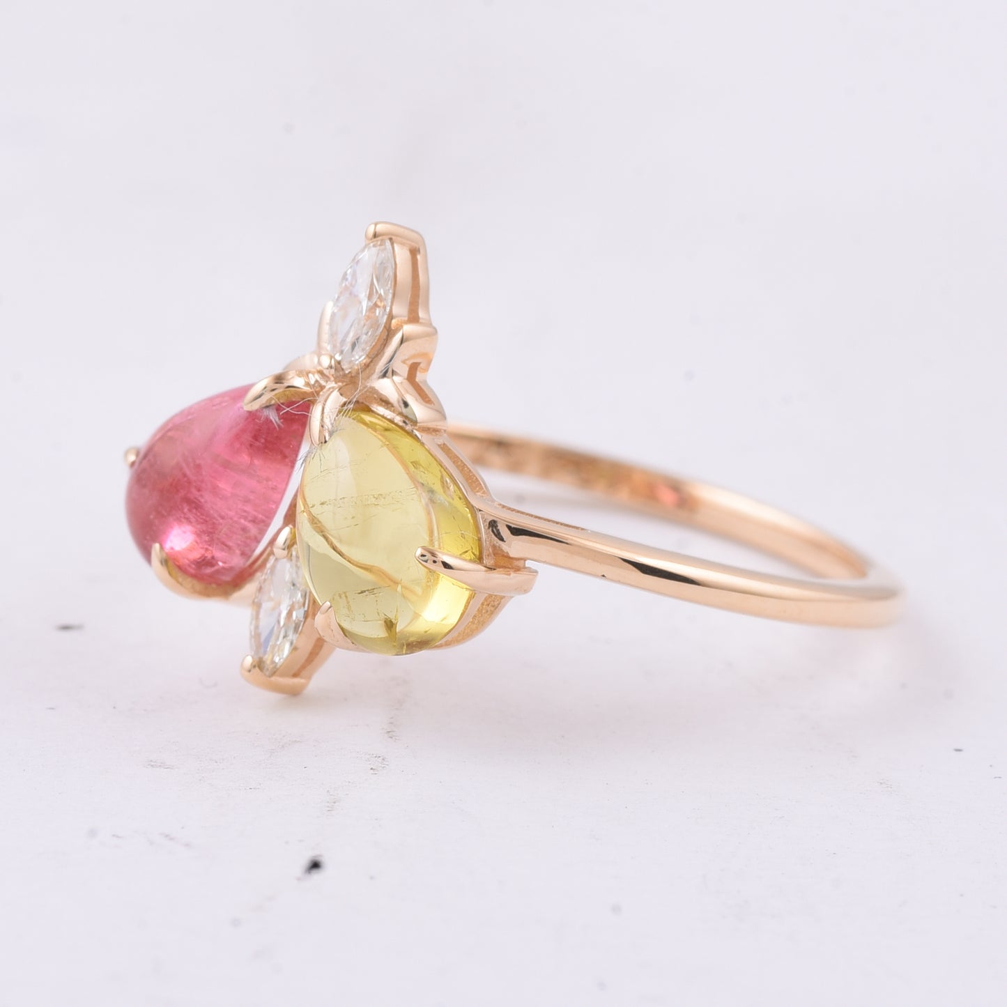 1.86 Ct Pear Cabochon Natural Multi Coloured Tourmaline 14K Gold Ring