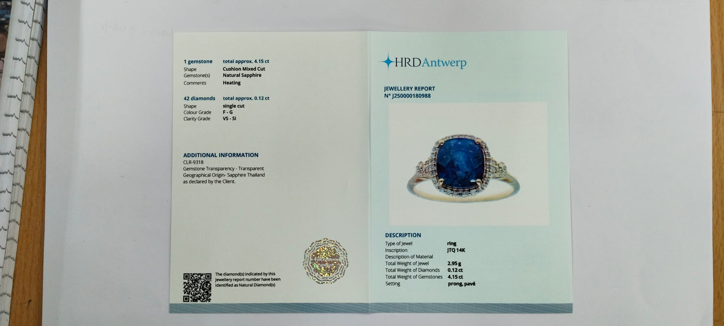 4.27 Ct Cushion Mixed Cut Natural Sapphire 14K Gold Ring